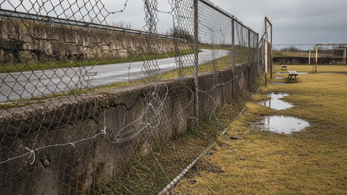 Generic image of a damaged fence at a municipal sports facility.