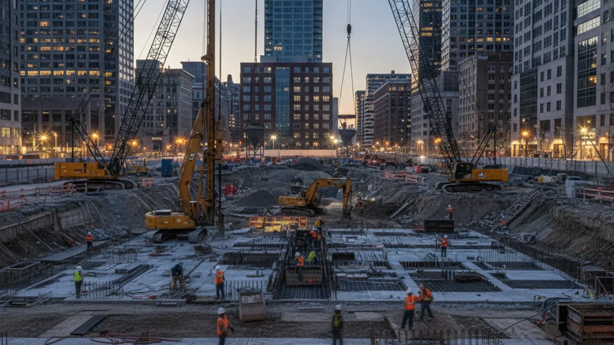 Vista d'una gran zona de construcció urbana amb grues i fonaments, simbolitzant la creació d'un nou campus de salut i recerca.
