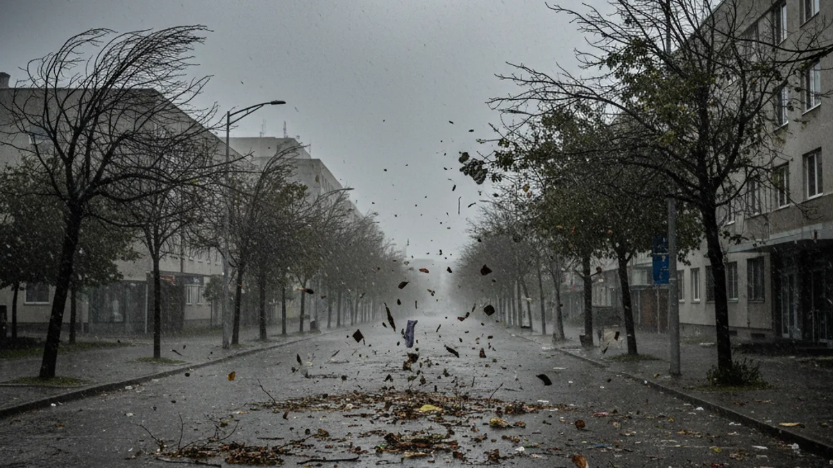 Un carrer buit amb branques d'arbres movent-se pel fort vent sota un cel tapat.
