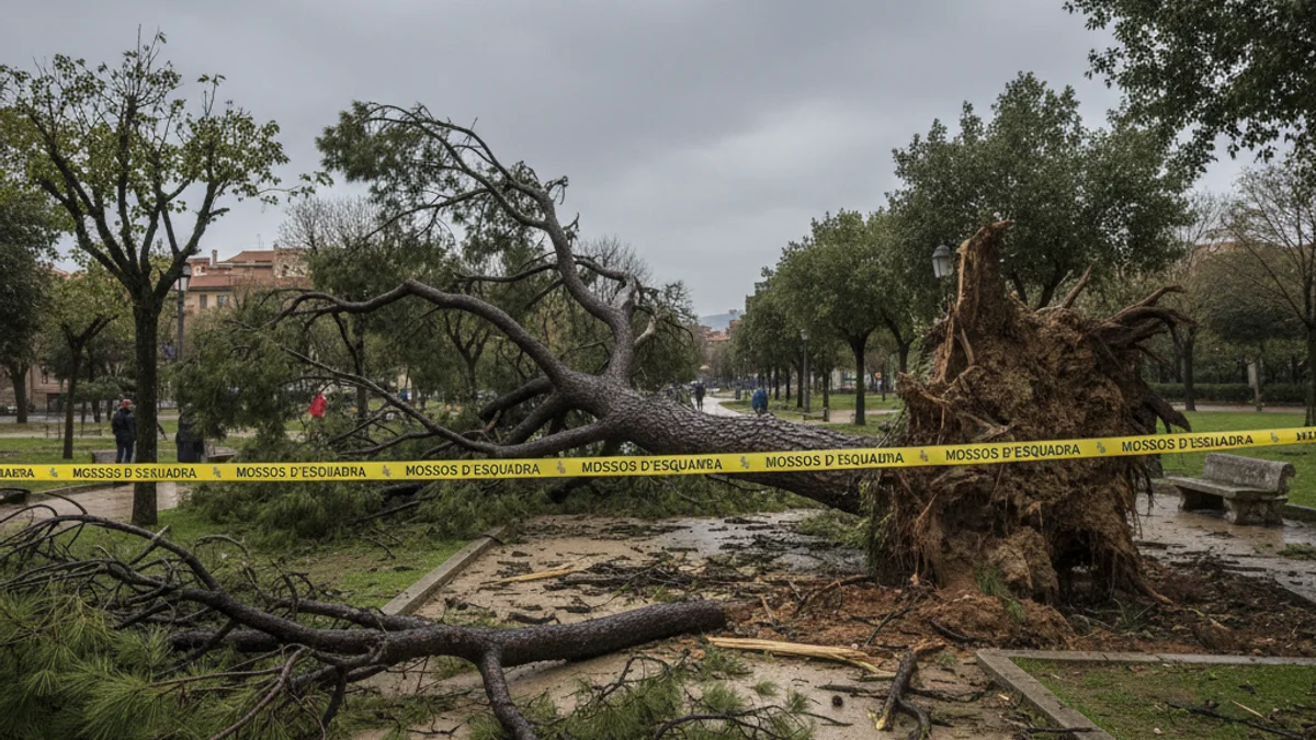 Imatge genèrica d'un arbre caigut en un parc urbà després d'un temporal de vent.