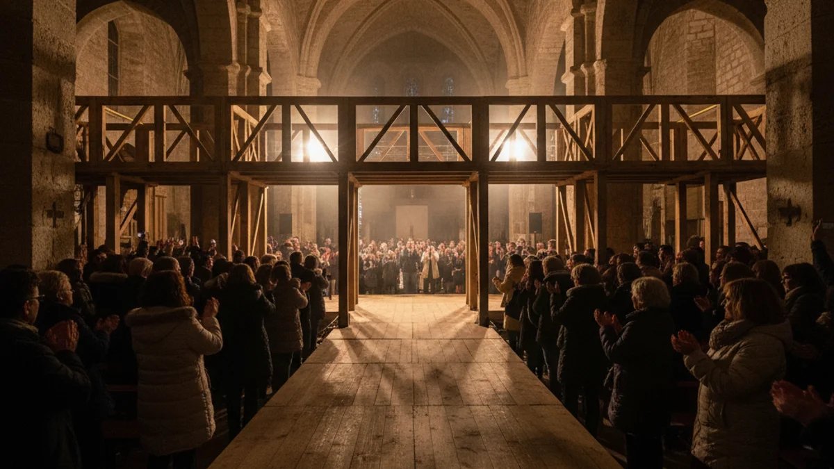 Generic image of a religious theatrical performance inside a historic church with dramatic lighting.