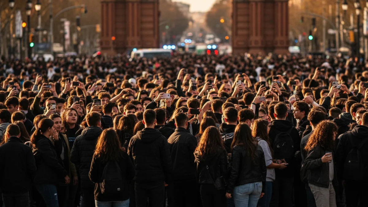 Generic image of a crowd of young people gathered in front of an urban monument with mobile phones.