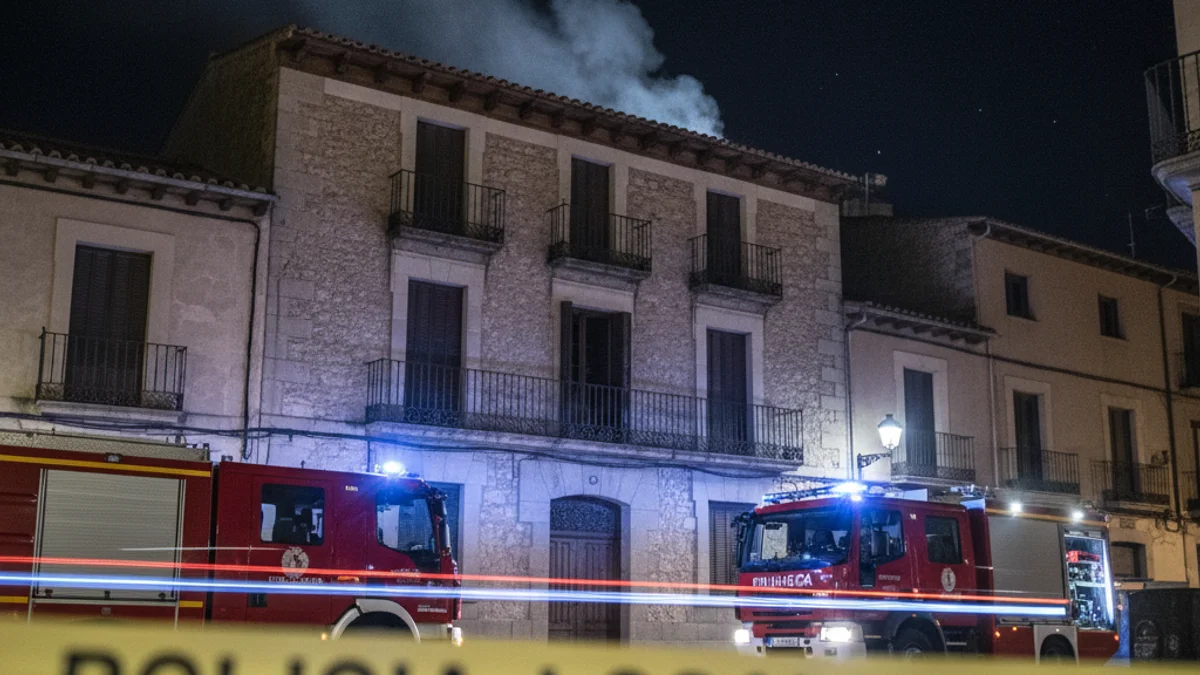 Imatge genèrica d'un desplegament de serveis d'emergència davant d'un edifici durant la nit.