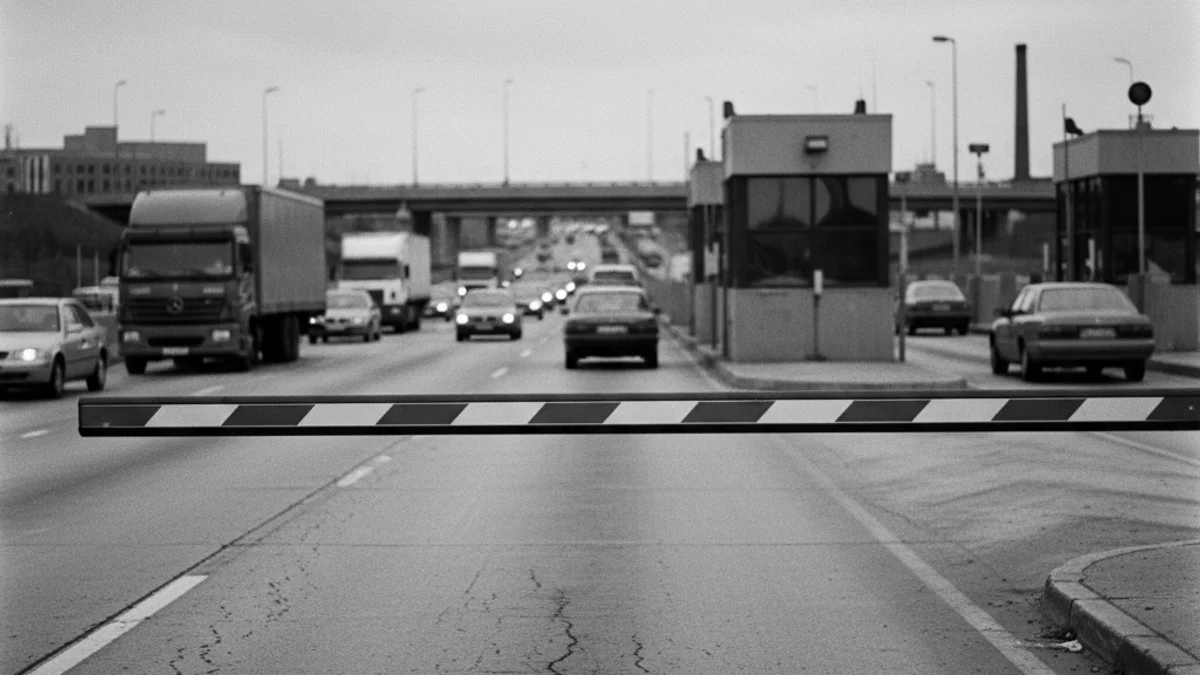 Imatge genèrica d'una barrera de peatge d'autopista amb vehicles esperant o passant.