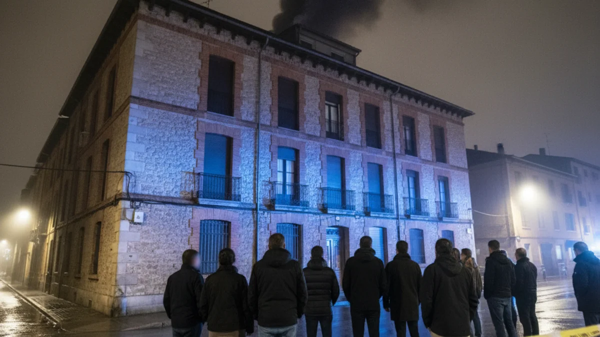 Imatge genèrica d'un desplegament de serveis d'emergència davant d'un edifici durant la nit.