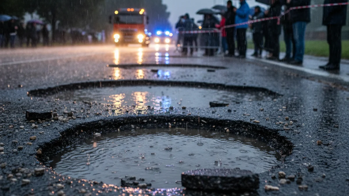 Generic image of a badly damaged road surface with potholes and loose asphalt under the rain.