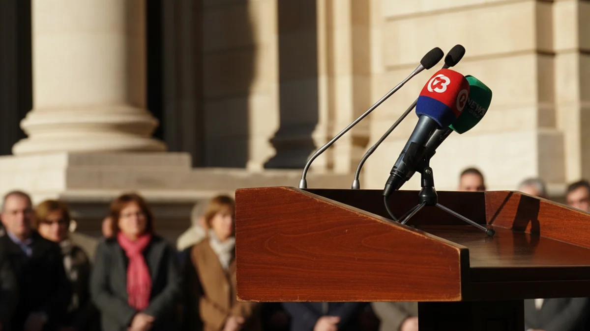 Imagen genérica de unos micrórófonos en un podio durante una rueda de prensa institucional.