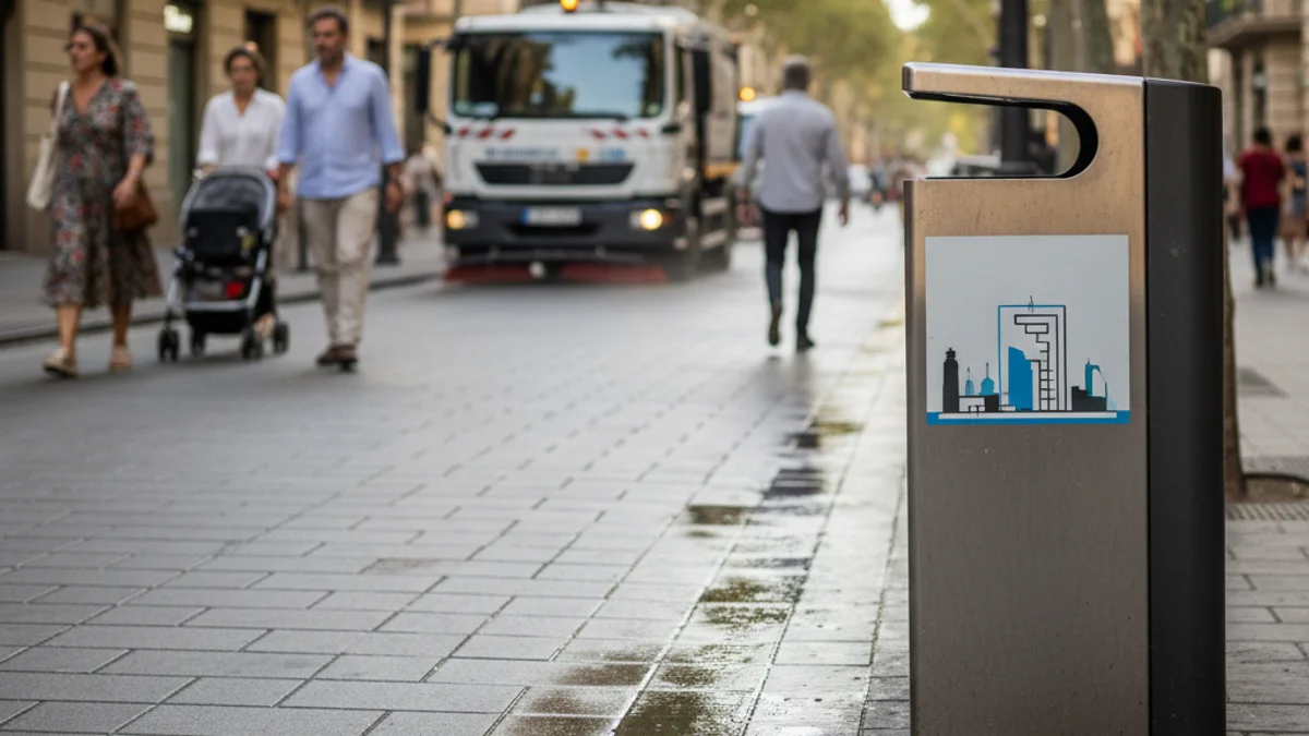 Imatge genèrica d'un carrer net de Barcelona amb un camió de neteja al fons.