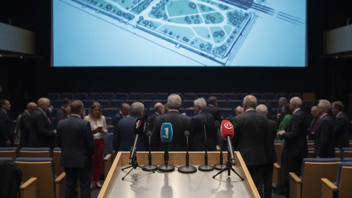 Imatge genèrica d'un faristol amb micròfons en un acte institucional sobre urbanisme.