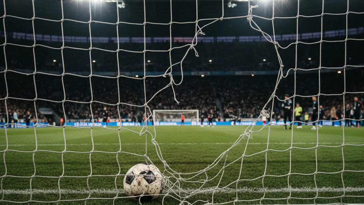 Imatge genèrica d'una porteria de futbol en un estadi buit sota els focus.