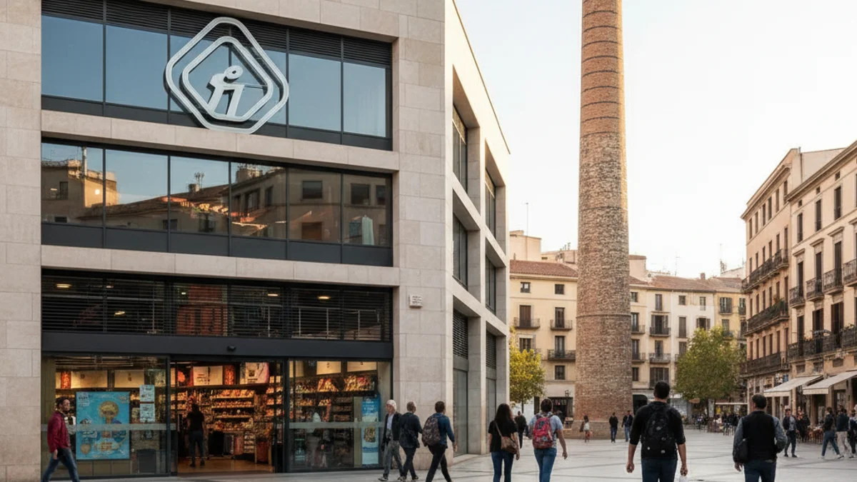 Imagen genérica de un complejo comercial moderno con una antigua chimenea industrial al fondo.