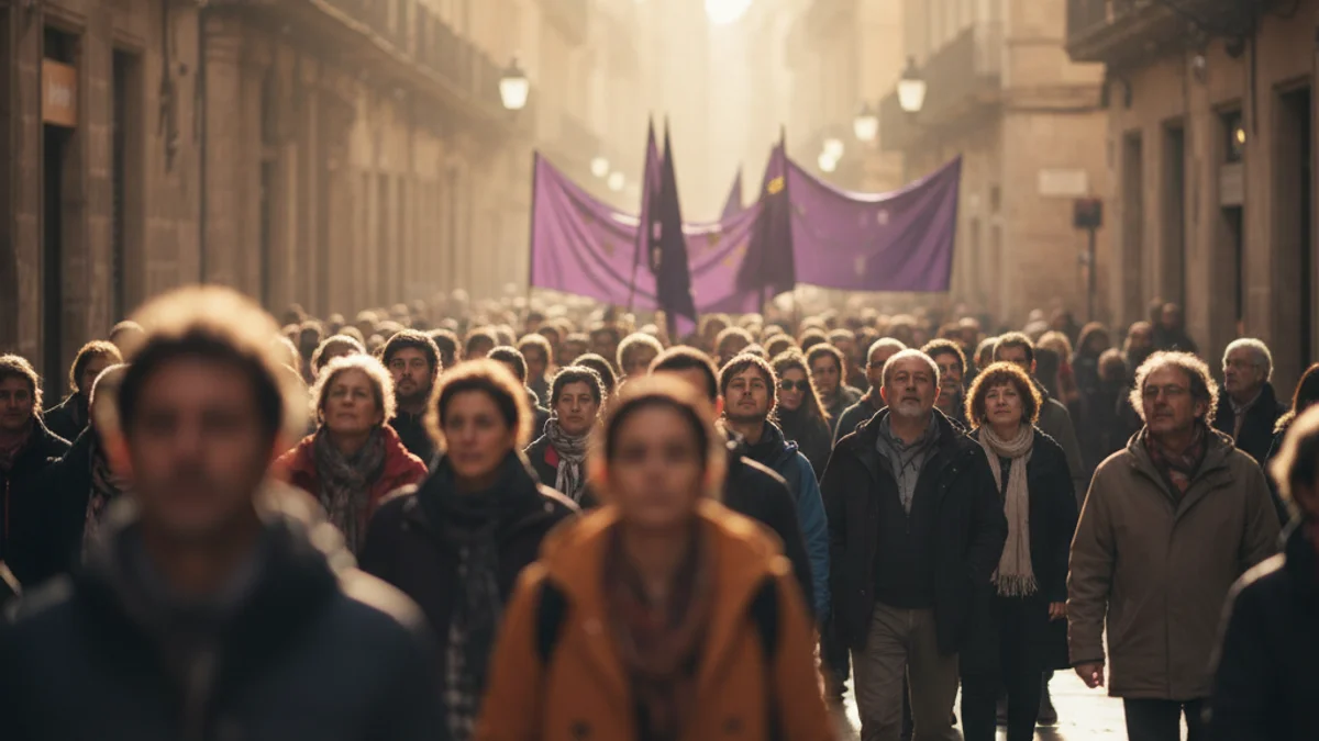 Generic image of a crowd walking through a downtown street during a day of protest.