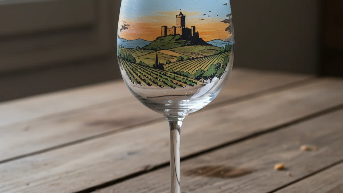 Il·lustració del perfil urbà de Solsona amb el Castellvell, estampada en una copa de vi.