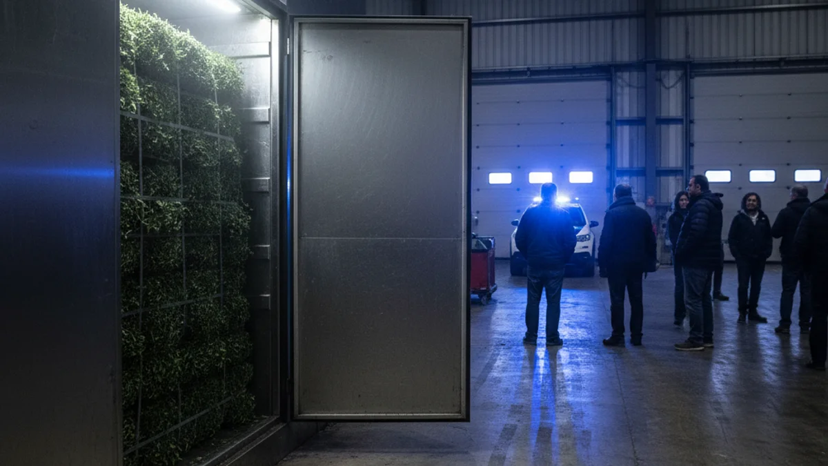 Imatge genèrica d'una nau industrial amb plantes de llentiscle emmagatzemades en una cambra freda.