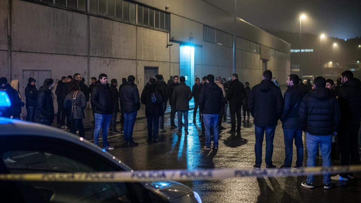 Imagen genérica de una nave industrial precintada con luces policiales azules en primer plano.