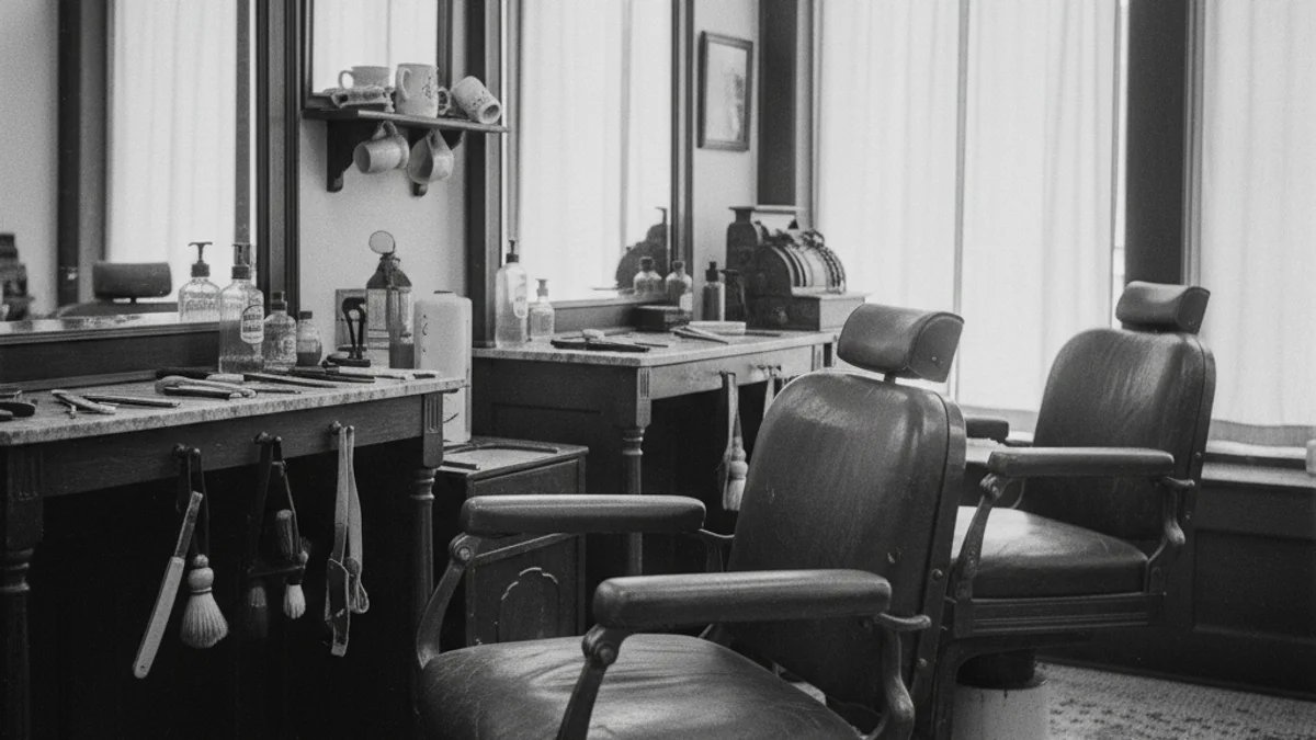 Il·lustració d'una barberia antiga amb cadires de cuir i estris de perruqueria, sense persones reconeixibles.