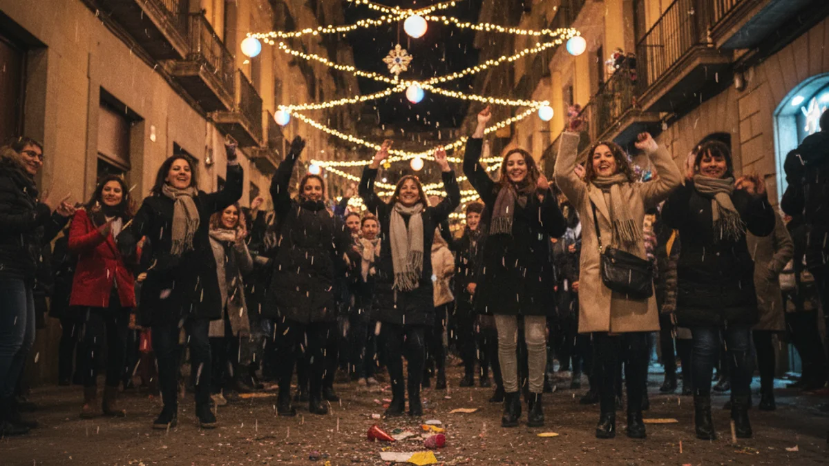 Imatge genèrica d'un carrer engalanat amb llums i confeti durant una celebració festiva nocturna.