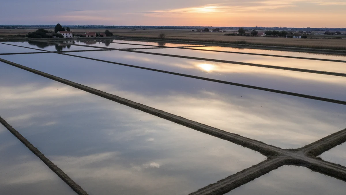 Imagen genérica de unos campos de arroz inundados para la limpieza de la salinidad.