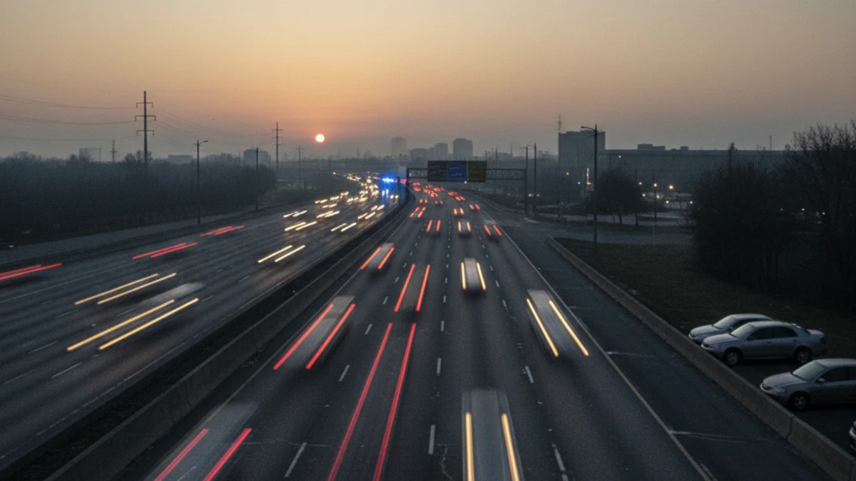 Imatge d'una patrulla policial en una autopista durant un control de trànsit nocturn.