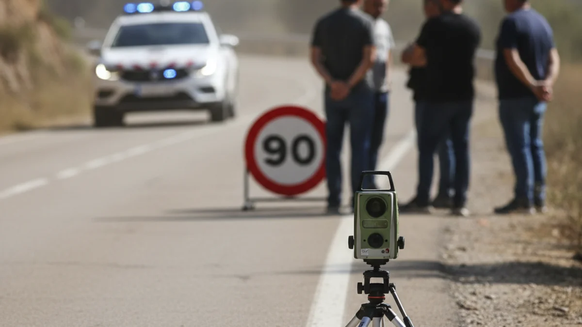 Imagen genérica de un control de velocidad en una carretera secundaria con luces policiales al fondo.