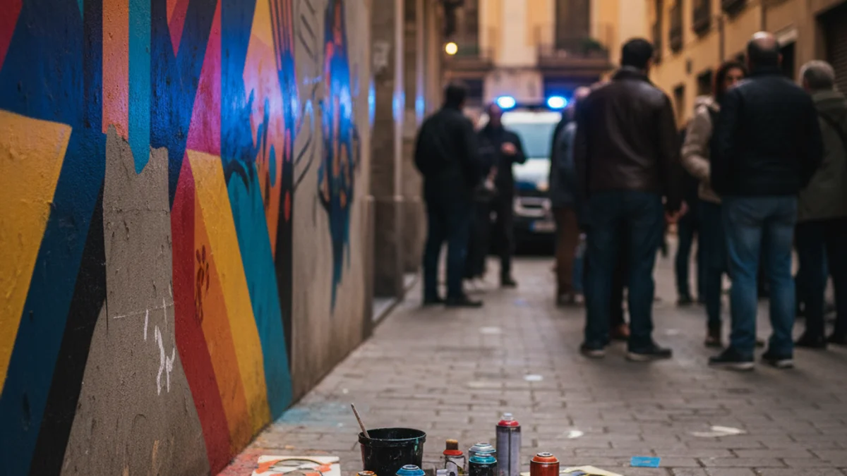 Imatge genèrica d'un mural urbà reivindicatiu en procés d'elaboració en un barri de Barcelona.