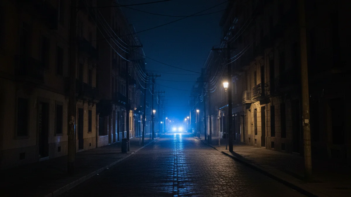 Generic image of a dark street at night with public lighting turned off and hanging electrical wires.