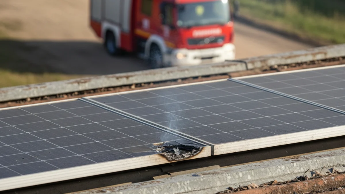 Generic image of a damaged solar panel on an industrial warehouse roof after a fire.