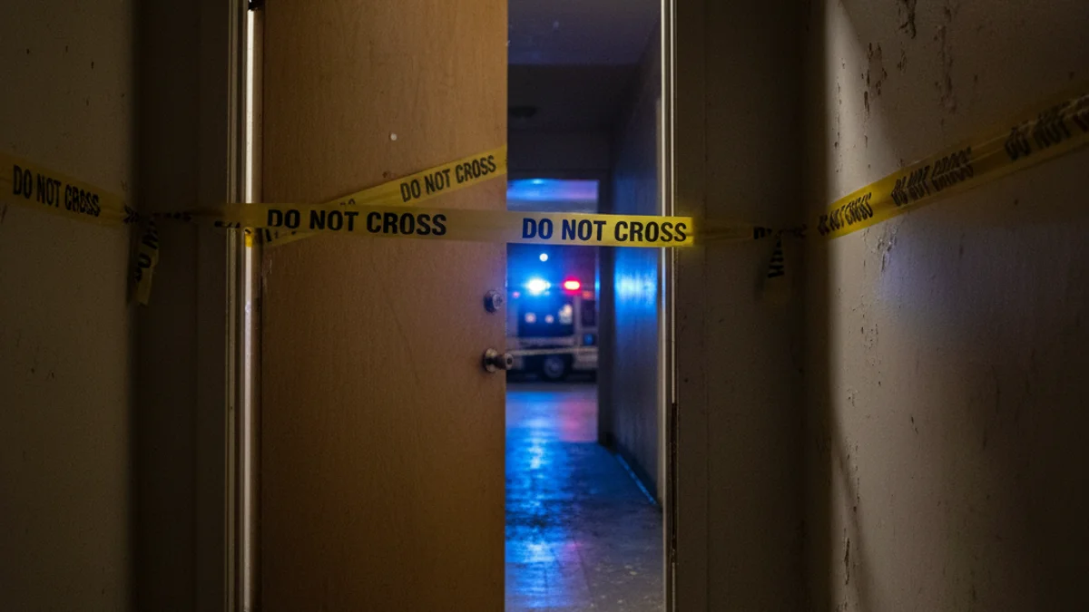Generic image of a building landing with police tape after a robbery.