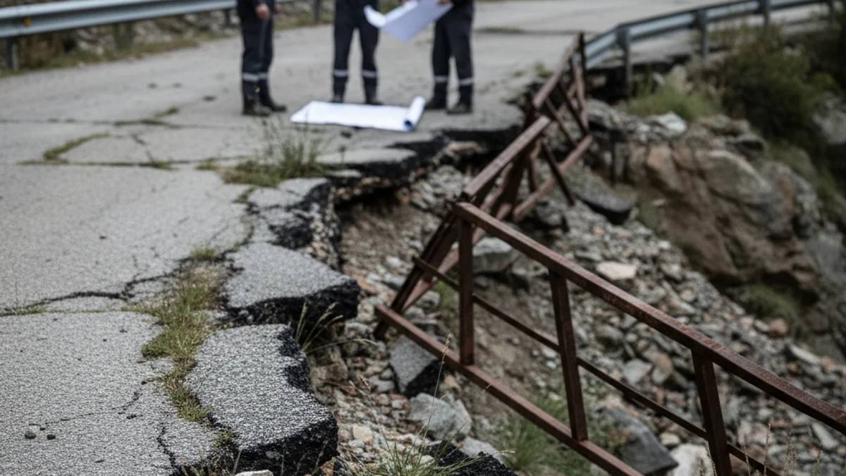 Imatge genèrica d'una carretera de muntanya en mal estat al Pirineu, amb figures borroses d'enginyers o tècnics al fons.