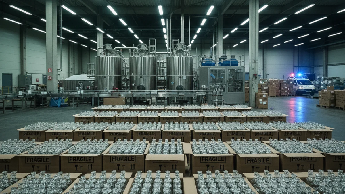 Imatge genèrica d'una línia de producció industrial de perfums amb milers de flascons emmagatzemats.