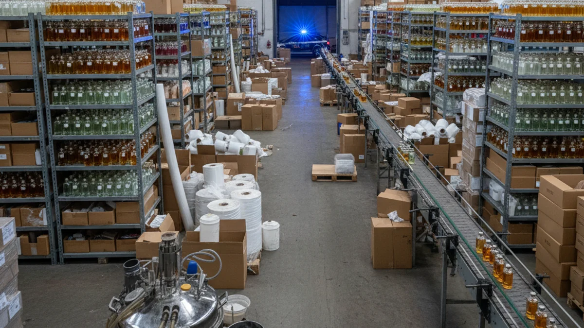 Imatge genèrica d'una nau industrial amb milers de flascons de perfum i caixes de cartró emmagatzemades.