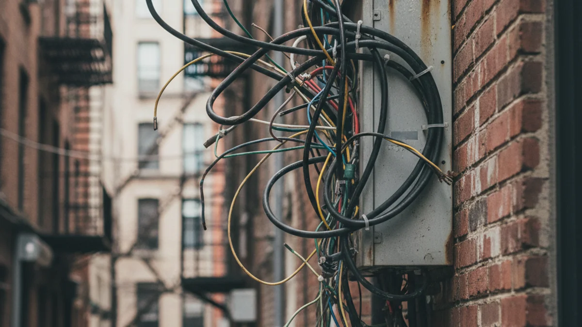 Imatge genèrica d'un quadre de comptadors elèctrics o cablejat complex en un entorn urbà.