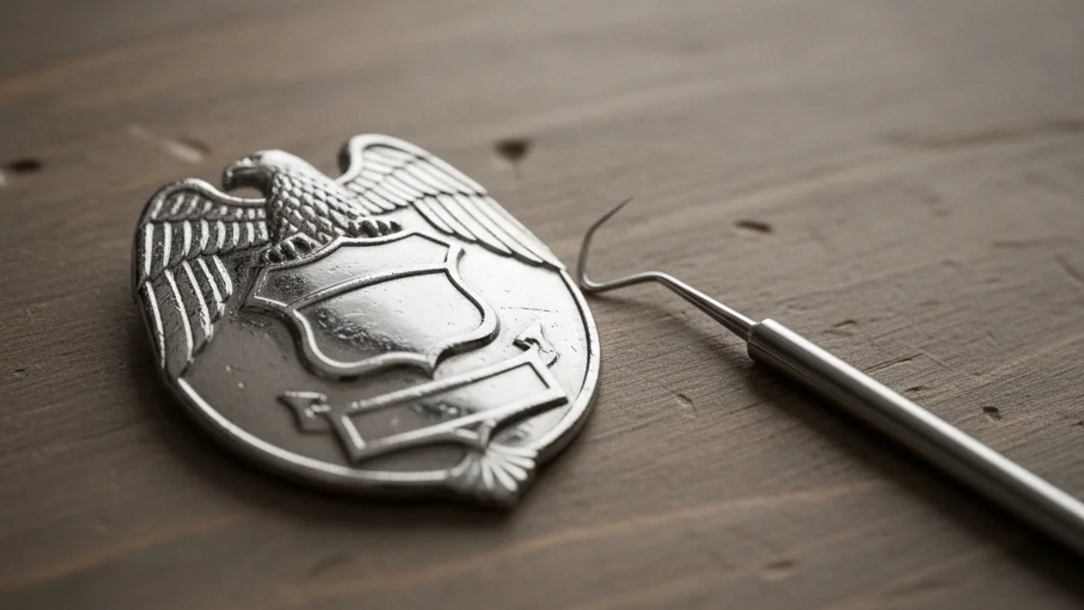 Una placa de policia i un estetoscopi sobre una taula de fusta.