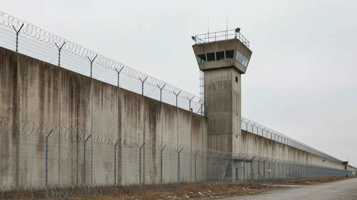 Vista exterior d'un centre penitenciari amb tanques de seguretat i murs de formigó.