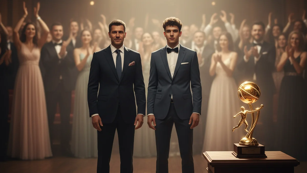 Imatge genèrica d'un lliurament de premis de bàsquet amb un trofeu en primer pla.