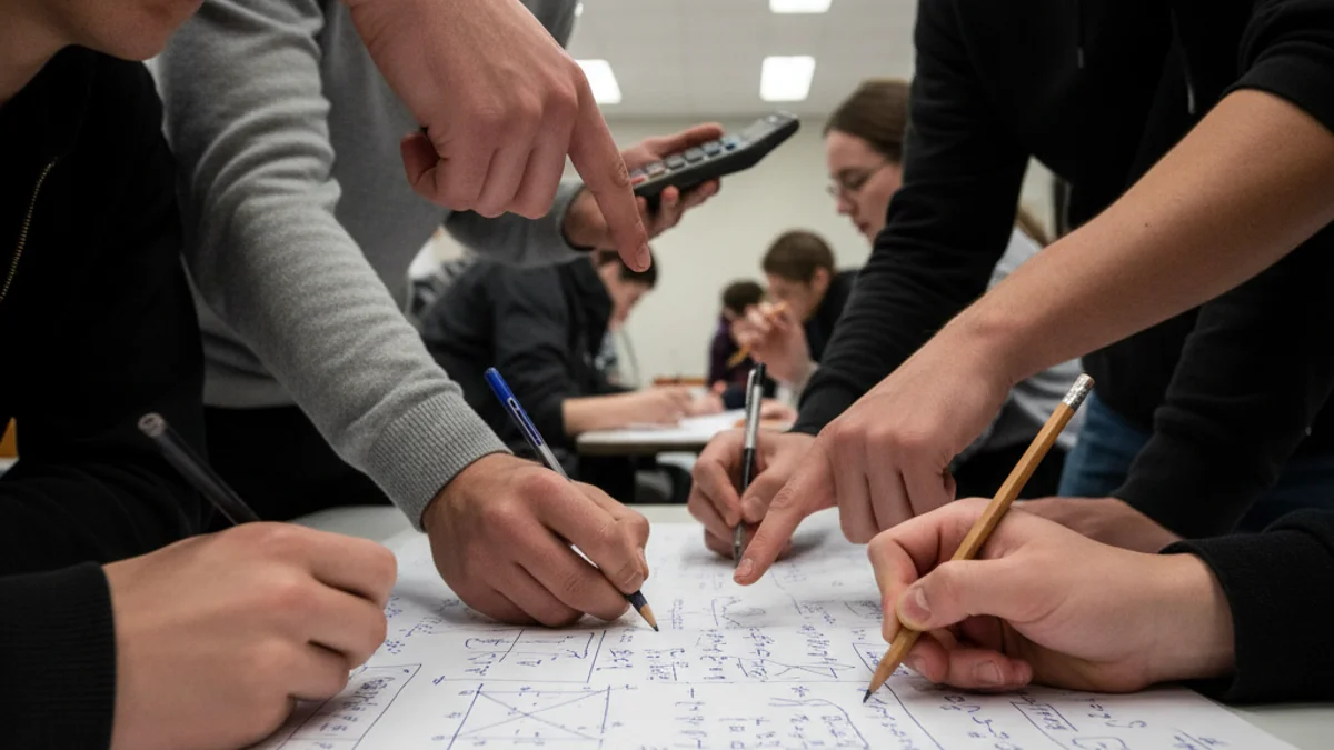 Imatge genèrica d'un grup d'estudiants col·laborant en la resolució de problemes matemàtics durant una competició acadèmica.