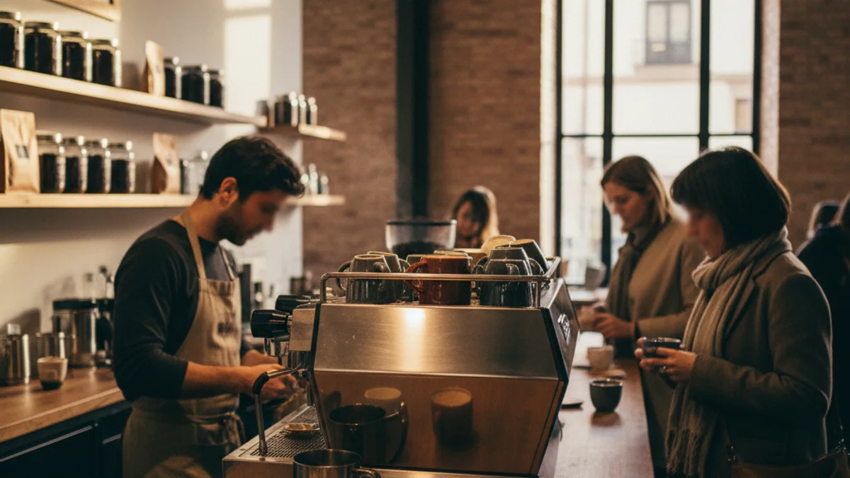 Imatge genèrica de l'interior d'una cafeteria d'especialitat amb una màquina de cafè i tasses sobre el taulell.