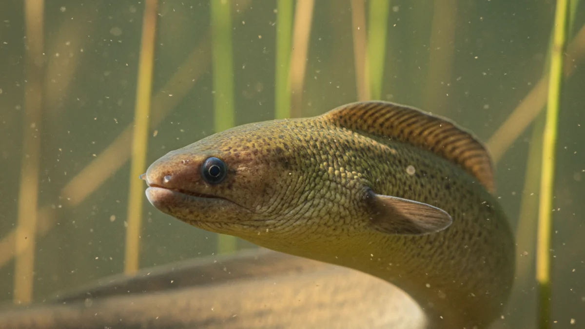 Generic image of an European eel swimming in its river habitat.