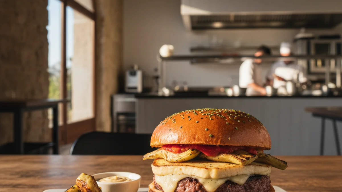 Generic image of a gourmet burger with artichokes in a retro-style restaurant.