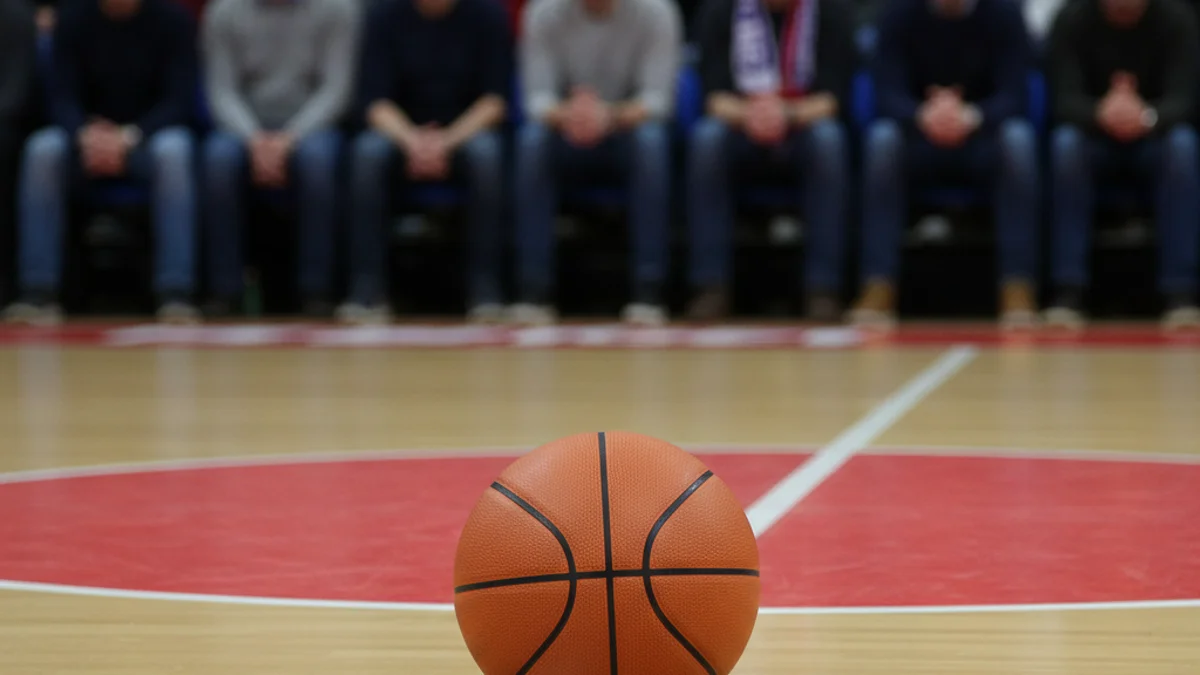 Imatge genèrica d'una pilota de bàsquet sobre el parquet d'un pavelló esportiu.