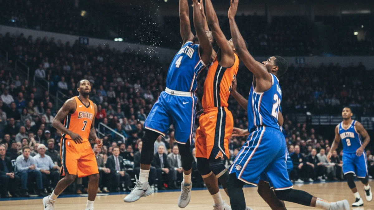 Imatge genèrica d'un partit de bàsquet professional, amb jugadors en acció i la cistella al fons.