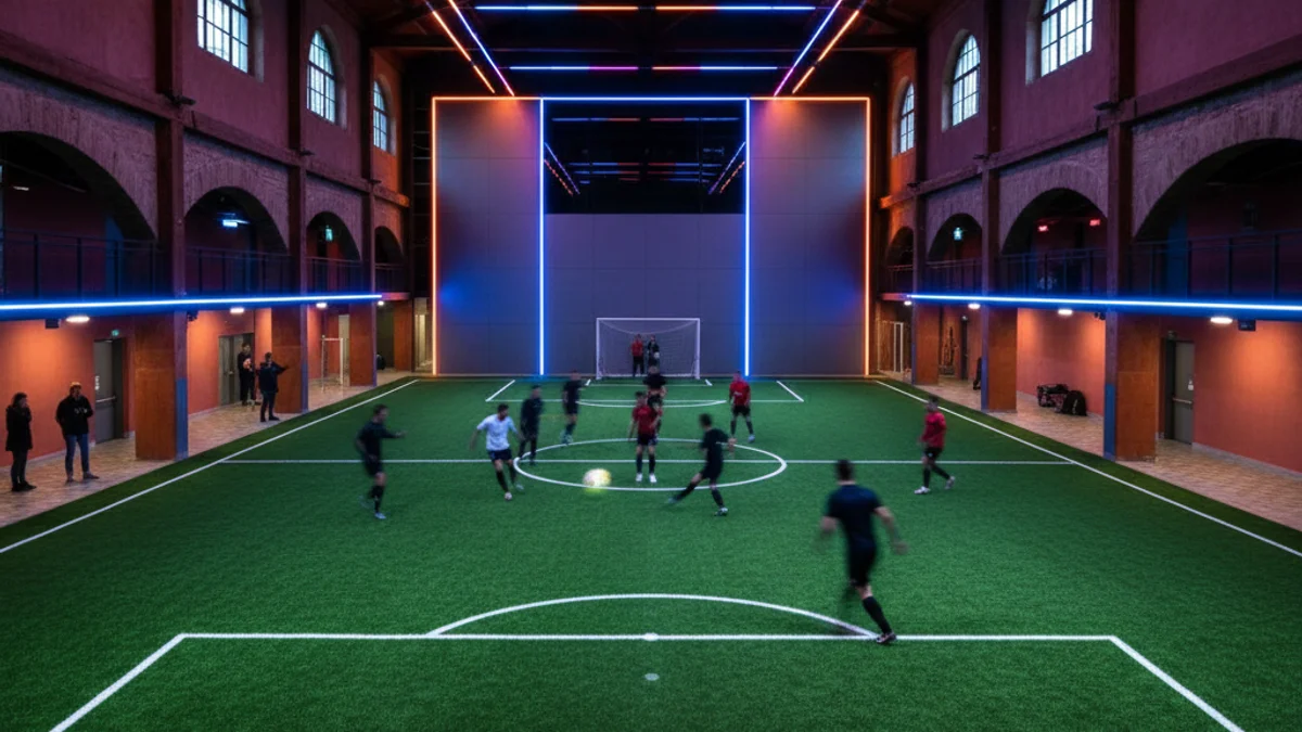 Un camp de futbol modern amb gespa artificial i il·luminació nocturna.