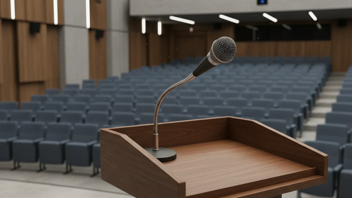 Un micròfon sobre un podi en una sala d'actes buida.