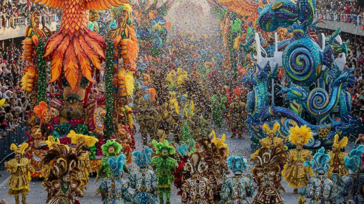 Imatge genèrica d'una rua de carnaval amb carrosses i comparses, sense cares visibles.