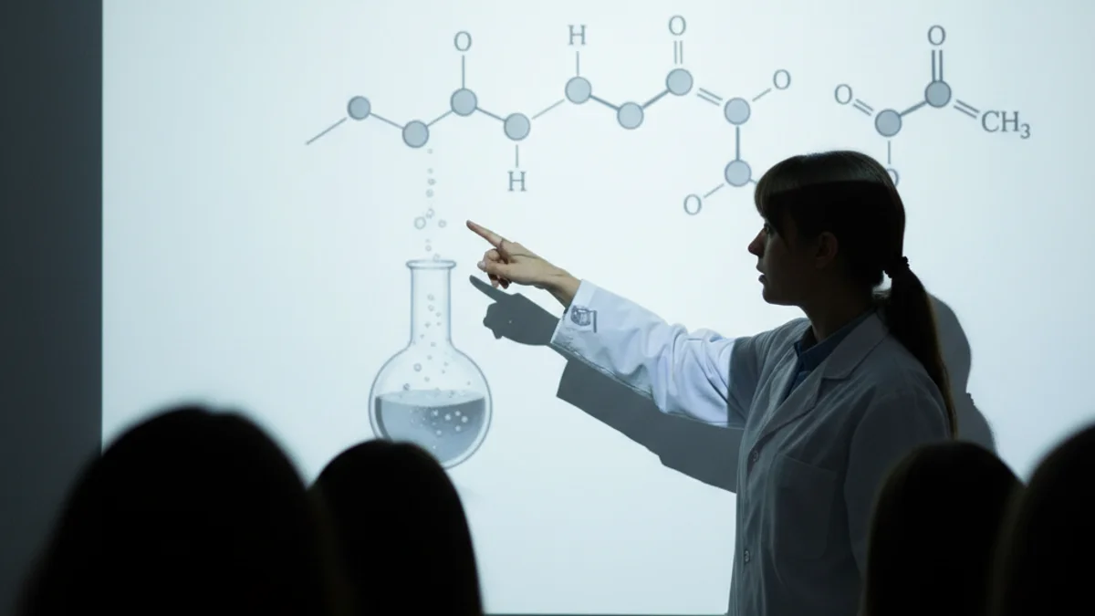 Una investigadora parlant amb un grup d'alumnes joves en una aula, amb material científic al fons.