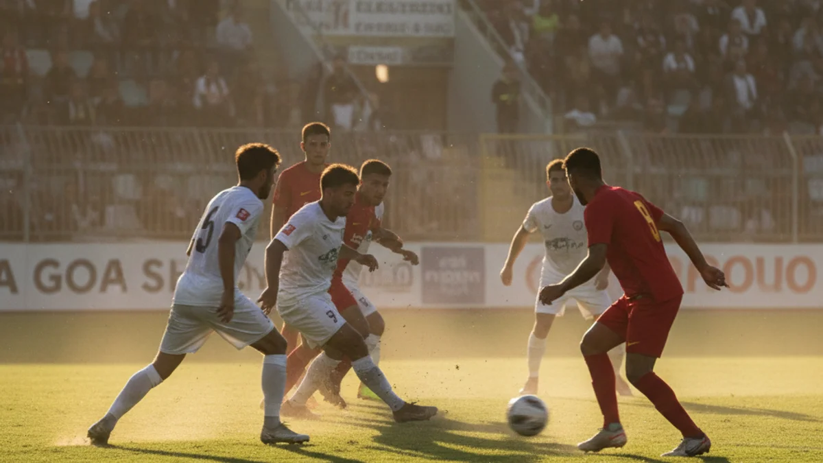 Descripció genèrica d'un partit de futbol de categoria regional, amb jugadors en acció i la pilota al centre.