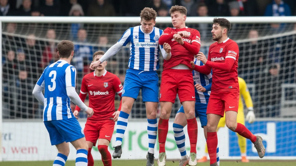 Imatge genèrica d'un partit de futbol amb jugadors disputant una pilota a l'àrea de gol.