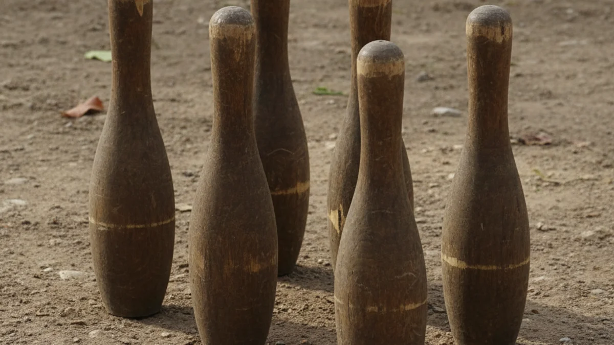 Un conjunt de bitlles catalanes de fusta sobre un camp de terra.