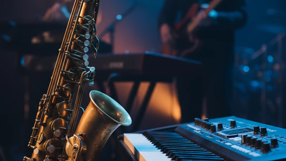 Imatge genèrica d'un escenari amb un saxofon i un teclat de sintetitzador, representant la fusió de jazz i electrònica.