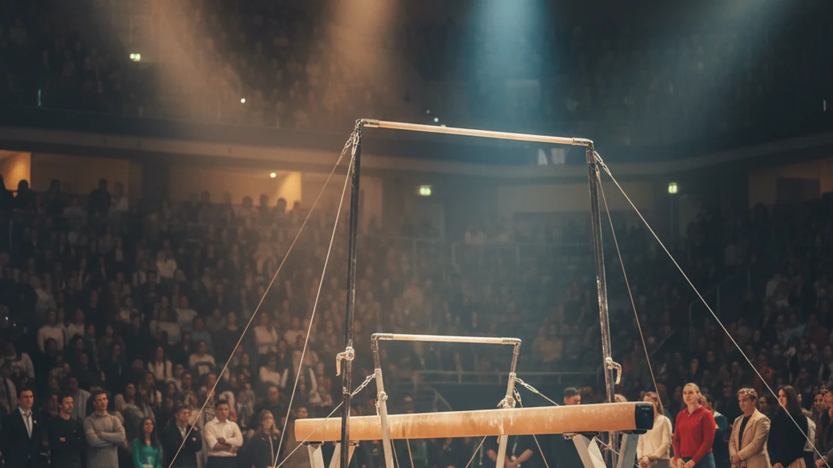 Imatge genèrica d'un pavelló de gimnàstica artística amb aparells de competició.